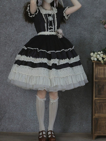 Black Square Neck Lace OP Dress with Bow - Tiny Garden
