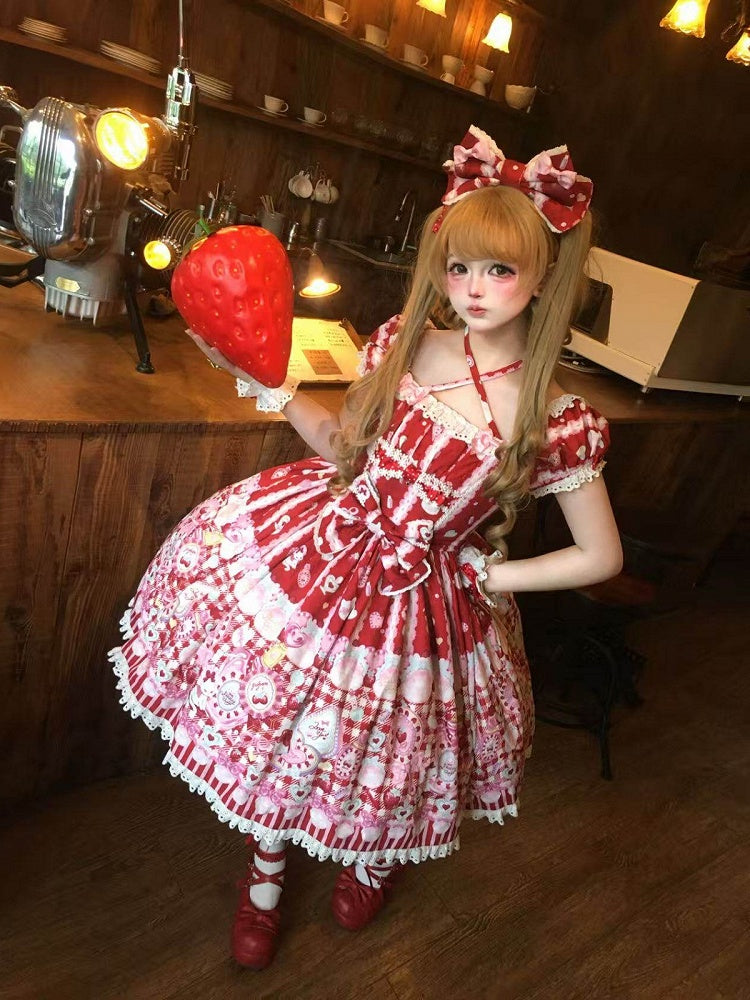 Cat Print Crimson Sweet Lolita OP Dress with Removable Crisscross Halter Straps - Pastry Chef