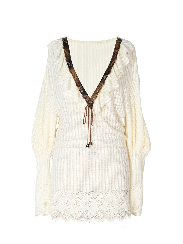 PU with Sleeves Knit V-neck Brown Punk Retro Beige Dress Bishop