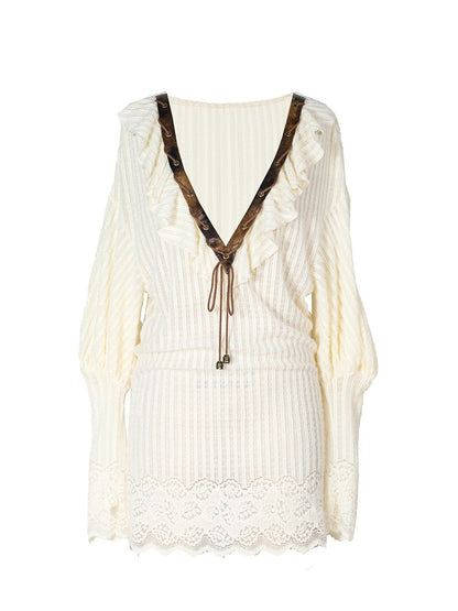 PU with Sleeves Knit V-neck Brown Punk Retro Beige Dress Bishop