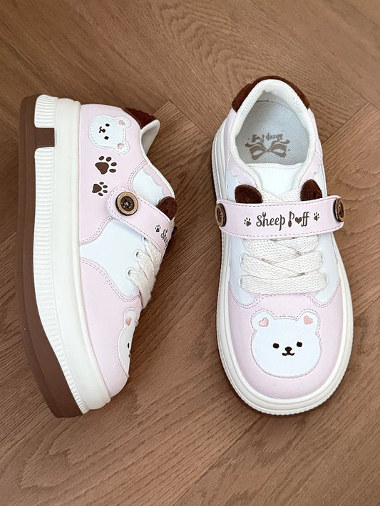 Lace-up Lolita Design with in Print Pink Paw Closure Platform Velcro Sweet Removable Sneakers