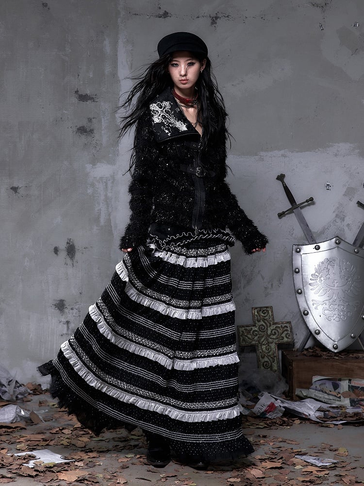 Polka Tulle Gothic Waistband with Hem Striped Studded A-Line + Length Skirt Dots Floor Black