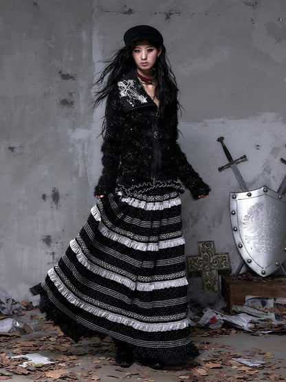 Polka Tulle Gothic Waistband with Hem Striped Studded A-Line + Length Skirt Dots Floor Black