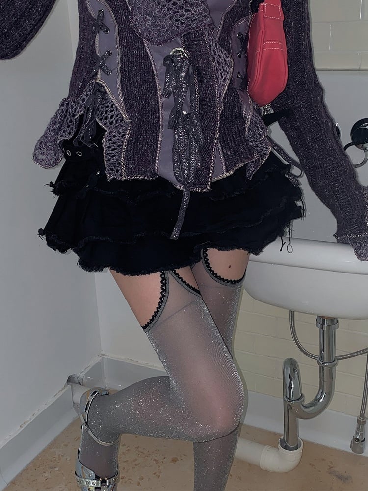 Trim Lace Tights Suspender Shimmering Black/Gray