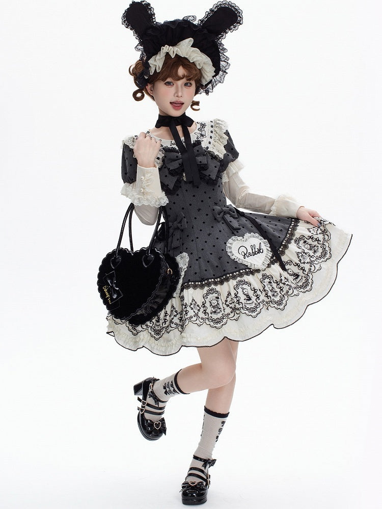 Sweet Rabbit Gray Polka Dot Pattern Sweetheart Lolita Detachable Dress Bonnet + with Sleeves Set Appliques