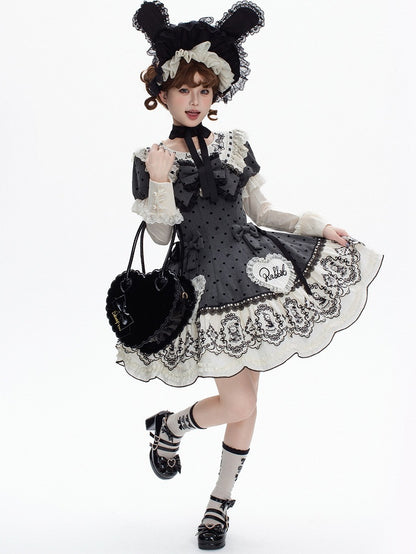 Sweet Rabbit Gray Polka Dot Pattern Sweetheart Lolita Detachable Dress Bonnet + with Sleeves Set Appliques