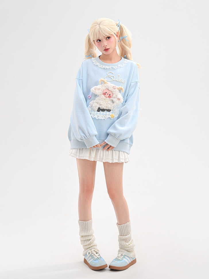 Yume Kawaii Blaues Plüsch-Lamm-Sweatshirt mit Blumenmuster