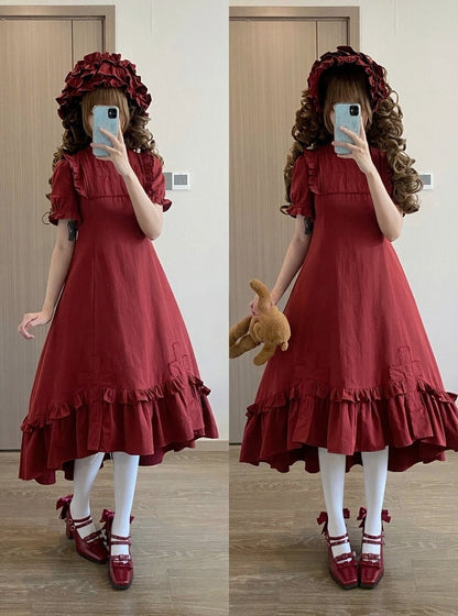 Red Gothic Lolita High-Low Ruffled Dress with Cross Patches - Blossom Herald