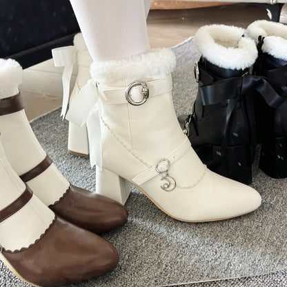Block Removable Heel - in Bow Elegant PU Boots Interior White Plush High Collar with