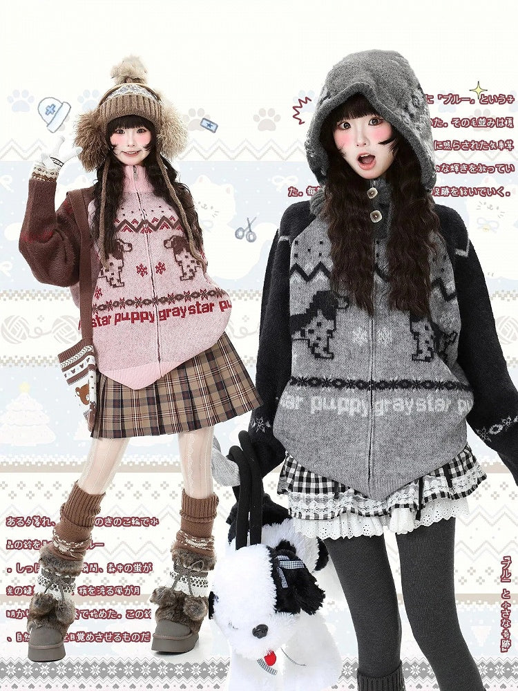 Hoodie Jacket Pink/Black Letter with Daily in Puppy Pattern Graphics Kawaii