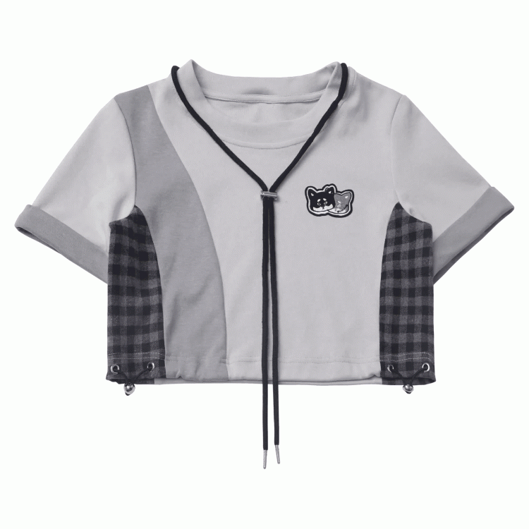 Patchwork Design Plaid Techwear Cropped T-Shirt Gray Colorblock Design