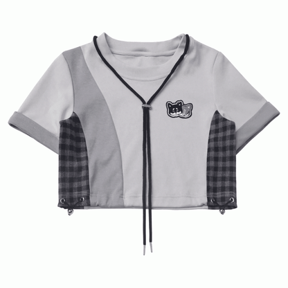 Patchwork Design Plaid Techwear Cropped T-Shirt Gray Colorblock Design