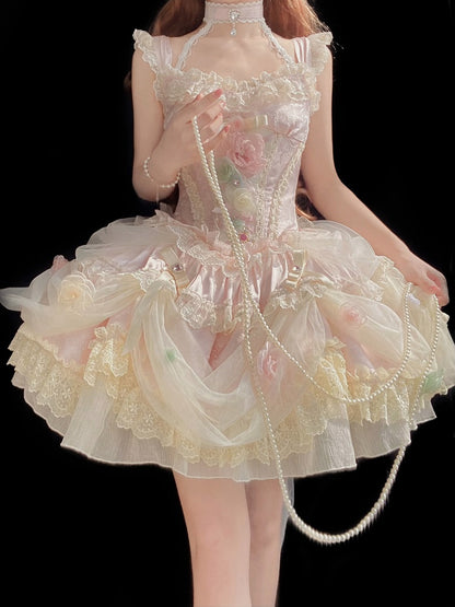 Prinzessin Blumenkleid mit Knochen, rosa Pullover, Taille, Fee, Lolita, Korsettrock, Hanayome