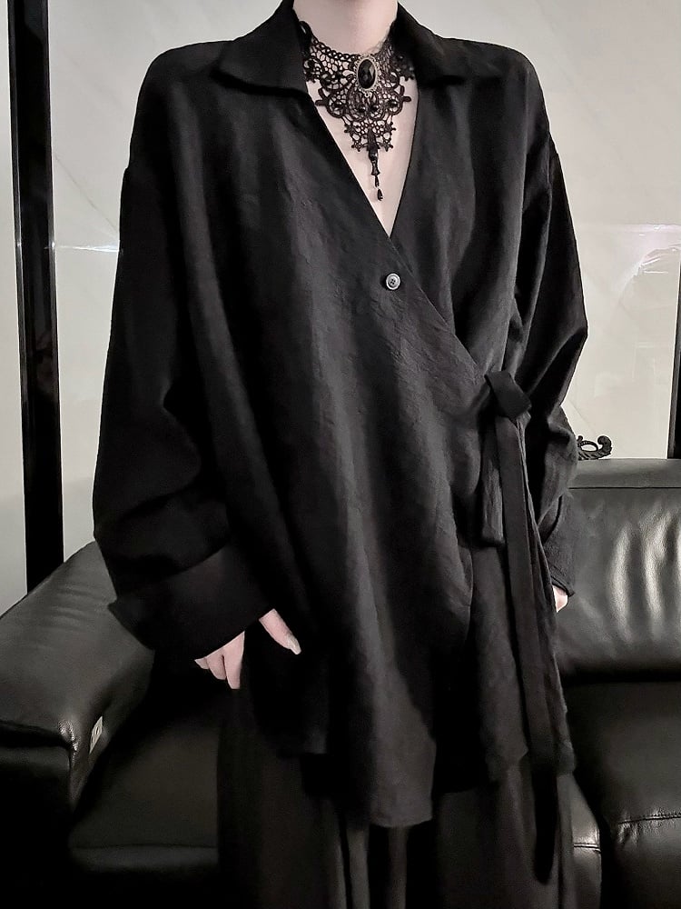 Belt Long Style Shirt Sleeve Self-tie Black Cheongsam