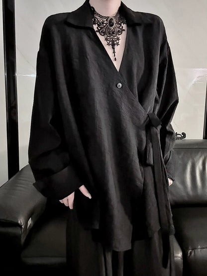 Belt Long Style Shirt Sleeve Self-tie Black Cheongsam