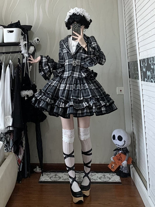 Notched + Old Lolita White Skirt Lapel Plaid - Set Black School Ruffled Blazer