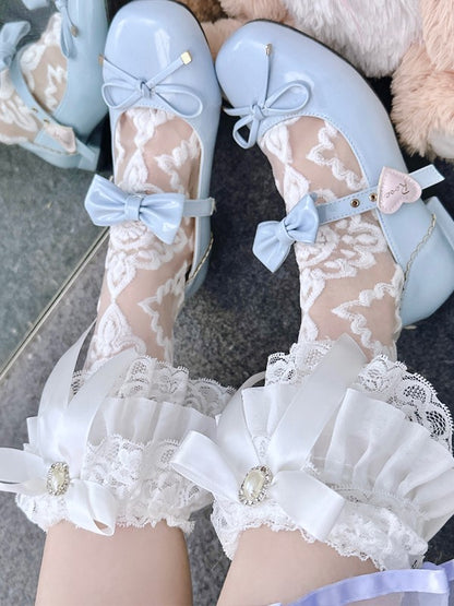 Socken Weiß/Schwarz Halbtransparent Kalbsleder Schleife Rüschenbündchen