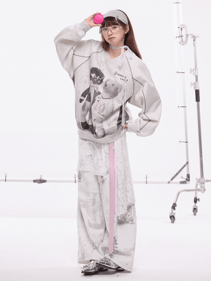 Bear Vintage Gray V-Neck with Print Oversized Sweatshirt