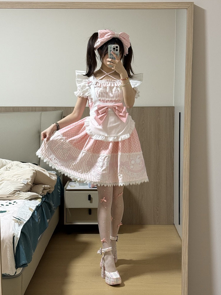 Polka Dot & Striped Pink Lolita Short Sleeve Dress with Poodle Patch - Infanta