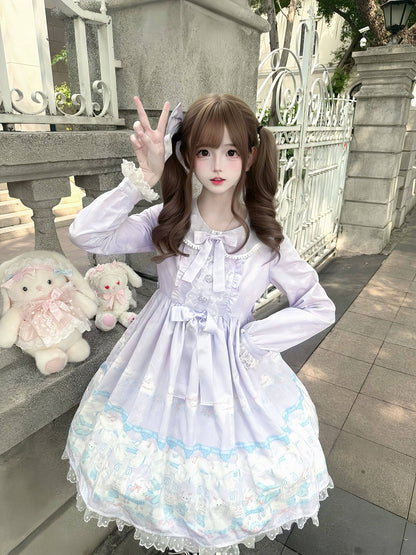 Purple Peter Pan Collar Lolita Long Sleeve Dress with Bunny Snowflakes - Strawberry Trouble Lolita