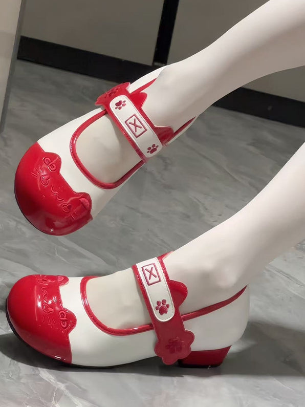 Design Sweet Paw Lolita Stitching Round Toe Shoes Velcro Red Ear with Cat Low-heel