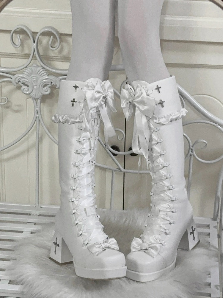 Gothic Long Boots with 8CM Cross Cutout Heel and Bow Accents - Night Sakura Water Lantern