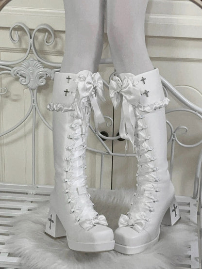 Gothic Long Boots with 8CM Cross Cutout Heel and Bow Accents - Night Sakura Water Lantern