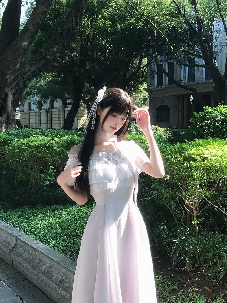 Purple Off-Shoulder Ruffled Flowy Seiso-Kei Maxi Dress - LA LA JK