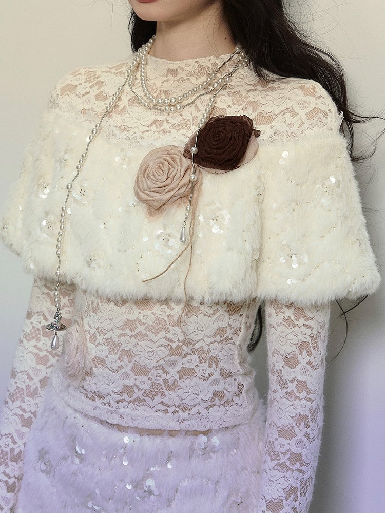 Apricot Flowers with Plush Shawl Long-Sleeve Lace Top