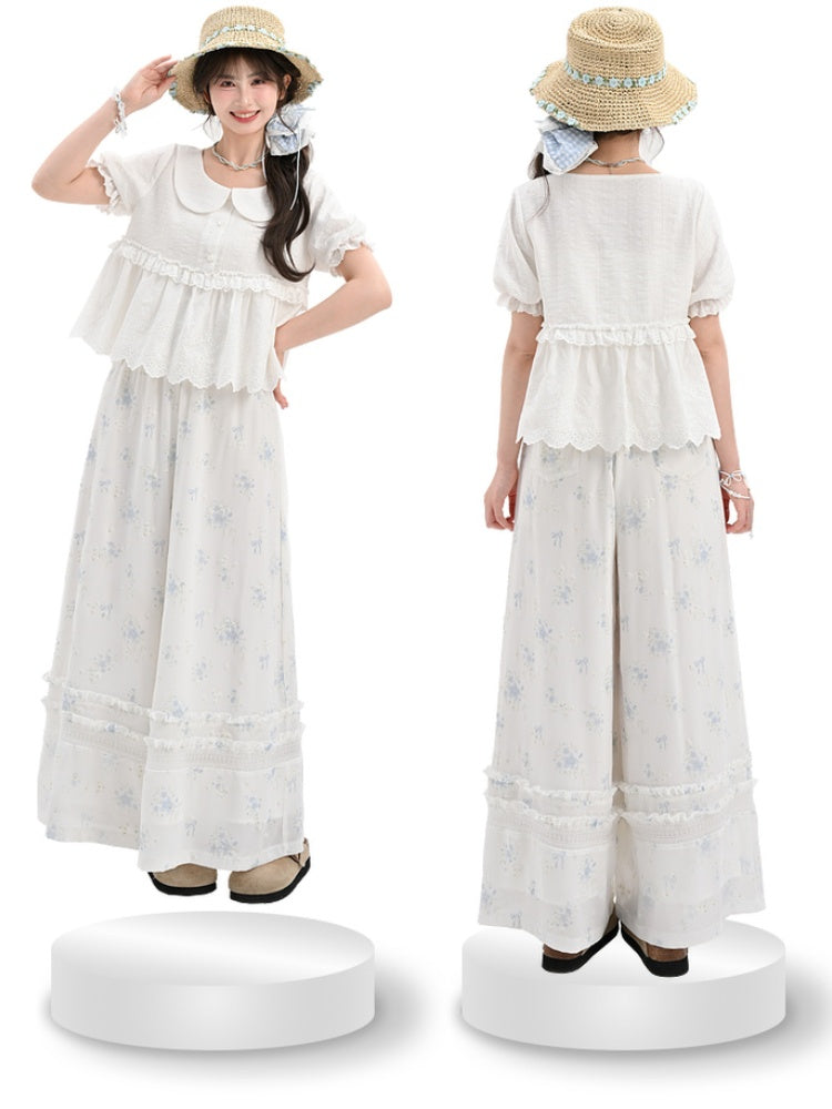 Blaue Blumenmuster-Version Weiße Chiffon-Taille Weite Beinhose Elastisch Normal/Kurz