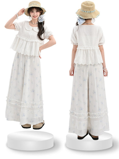 Blaue Blumenmuster-Version Weiße Chiffon-Taille Weite Beinhose Elastisch Normal/Kurz