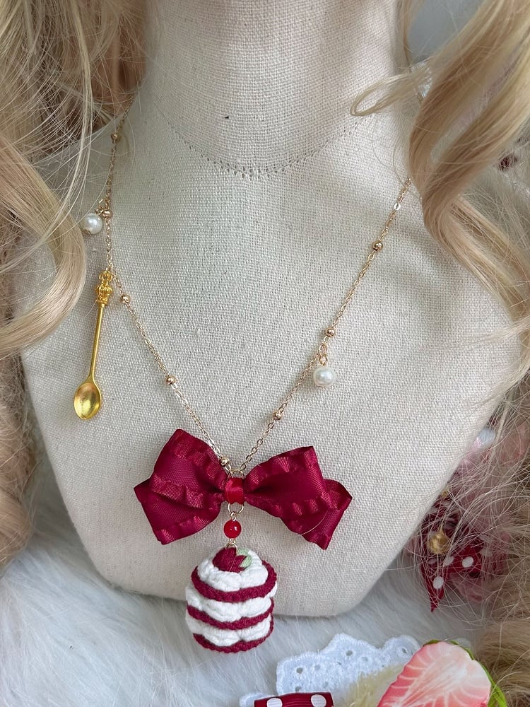 Pendant Necklace Strawberry Bow Crochet and Cake Red