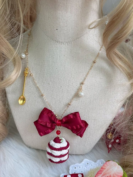 Pendant Necklace Strawberry Bow Crochet and Cake Red
