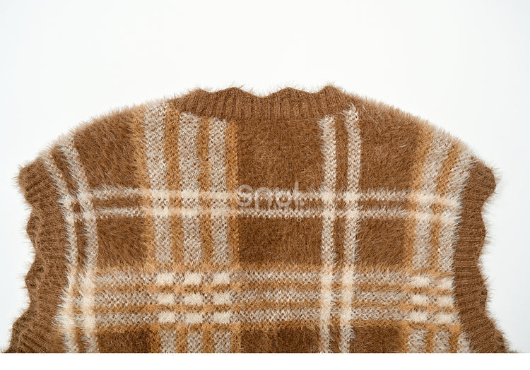 Brown Cute Cookie Bear Adorned Plaid Vest