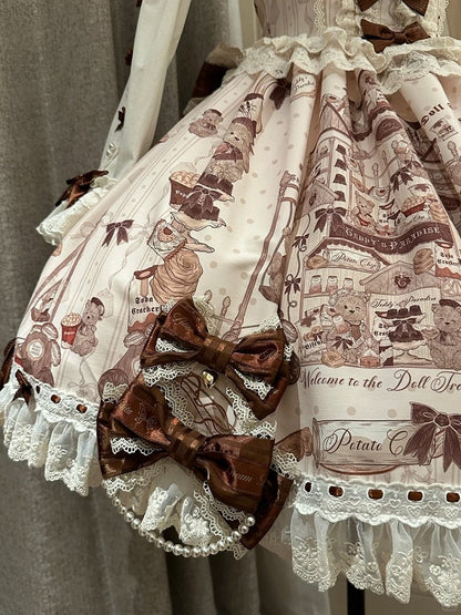 Sweet Brown Little Dress Lace Lolita Bear JSK Flutter with Sleeves Print Beige Details Workshop