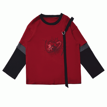 Graphic Top with Detachable Sleeves Style Black Cheongsam Red and