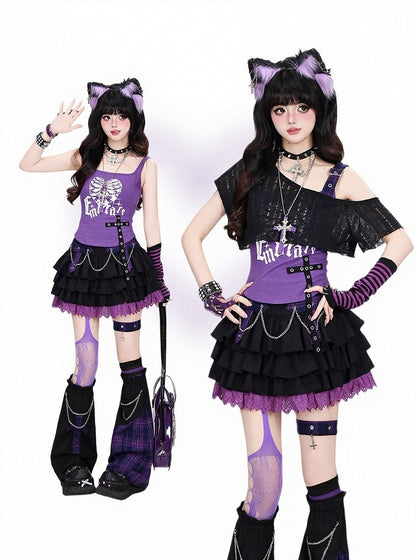 Purple & Black Plaid Off-Shoulder Cropped Top with Strap - CRAZY GIRL