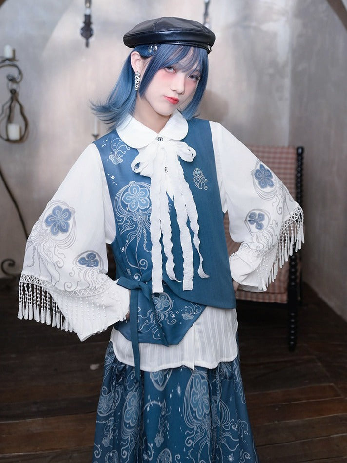 Blue Asymmetric Vest with Jellyfish Print & Embroidered Details - Quirky Hut