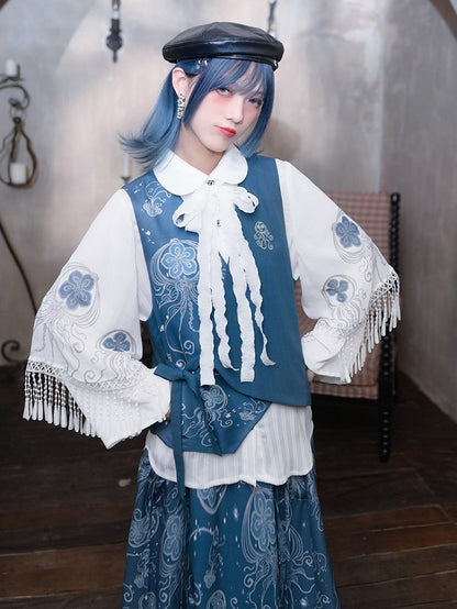 Blue Asymmetric Vest with Jellyfish Print & Embroidered Details - Quirky Hut