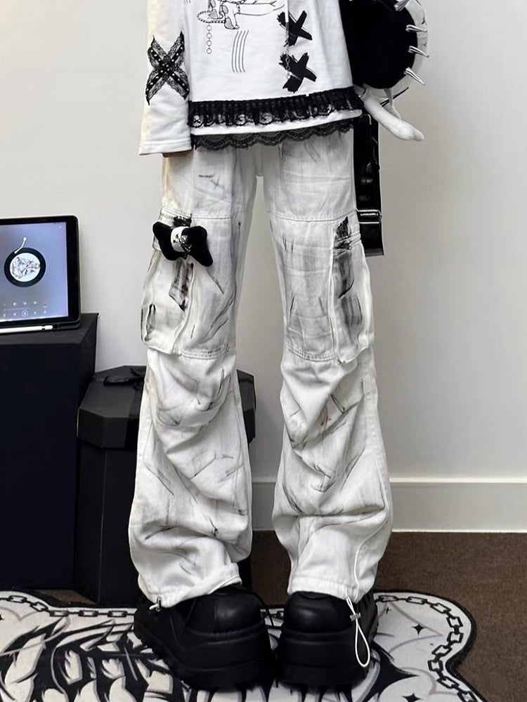 Vintage White Splatter Tie-Dye Loose Fit Cargo Jeans with Drawstring Waist