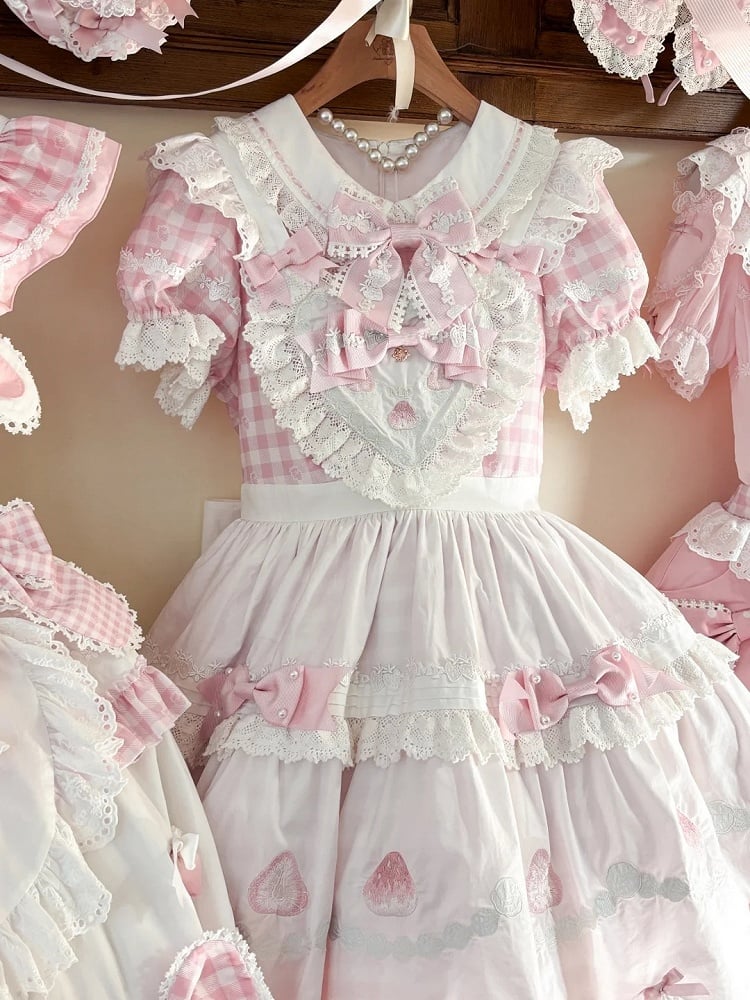 Lolita Print White Pink Puff Sleeves Gingham Sweet with Strawberry Dress