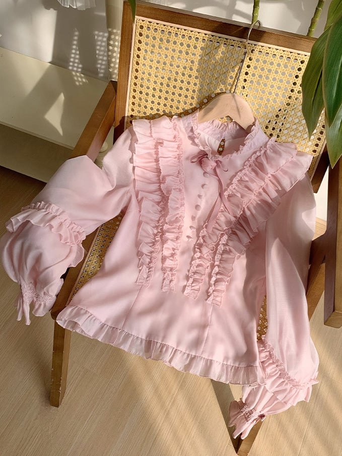Pink Balloon Sleeve Blouse with Ruffle Accents and Rose Brooch - With PUJI