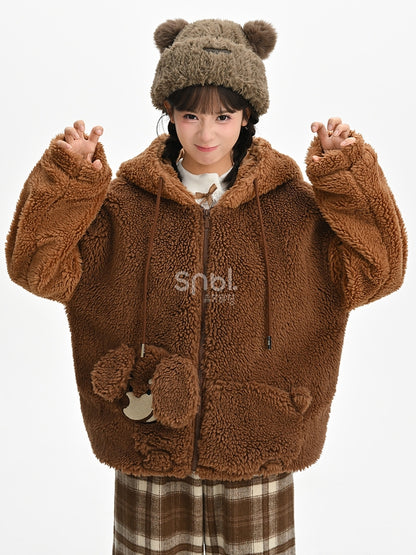 Brauner Fleece-Kapuzenpullover mit süßem Welpen-Taschendesign