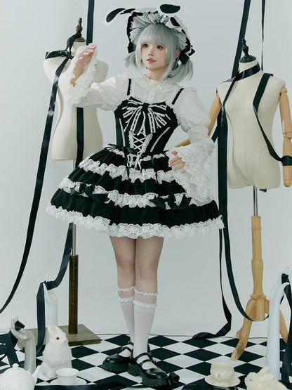 Black and White Old School Bowknot Details Lace Accents Balletcore Dress Lolita Jumper Skirt