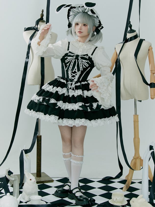 Robe de ballet noire et blanche à l'ancienne avec nœud papillon et détails en dentelle, jupe pull Lolita