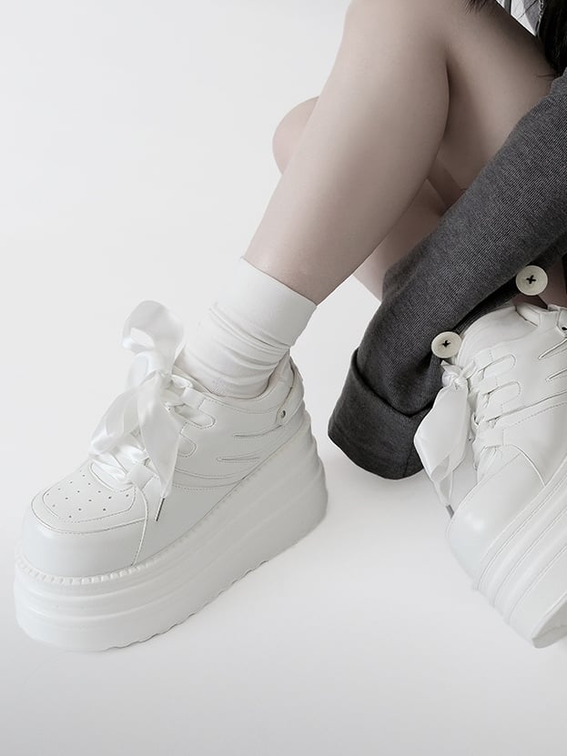 Lace-up Kei Platform White Closure Sneakers Jirai PU Design