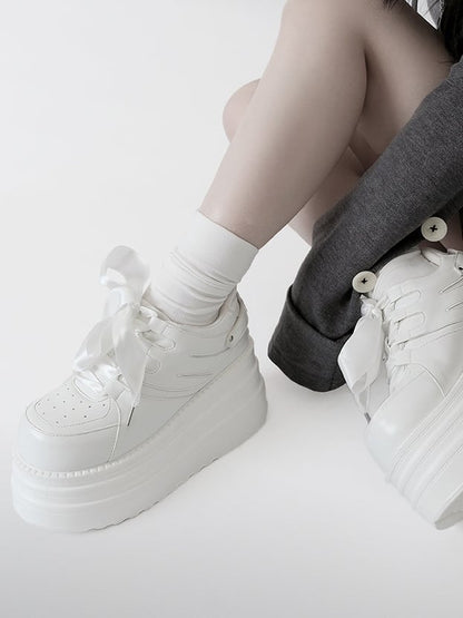 Lace-up Kei Platform White Closure Sneakers Jirai PU Design