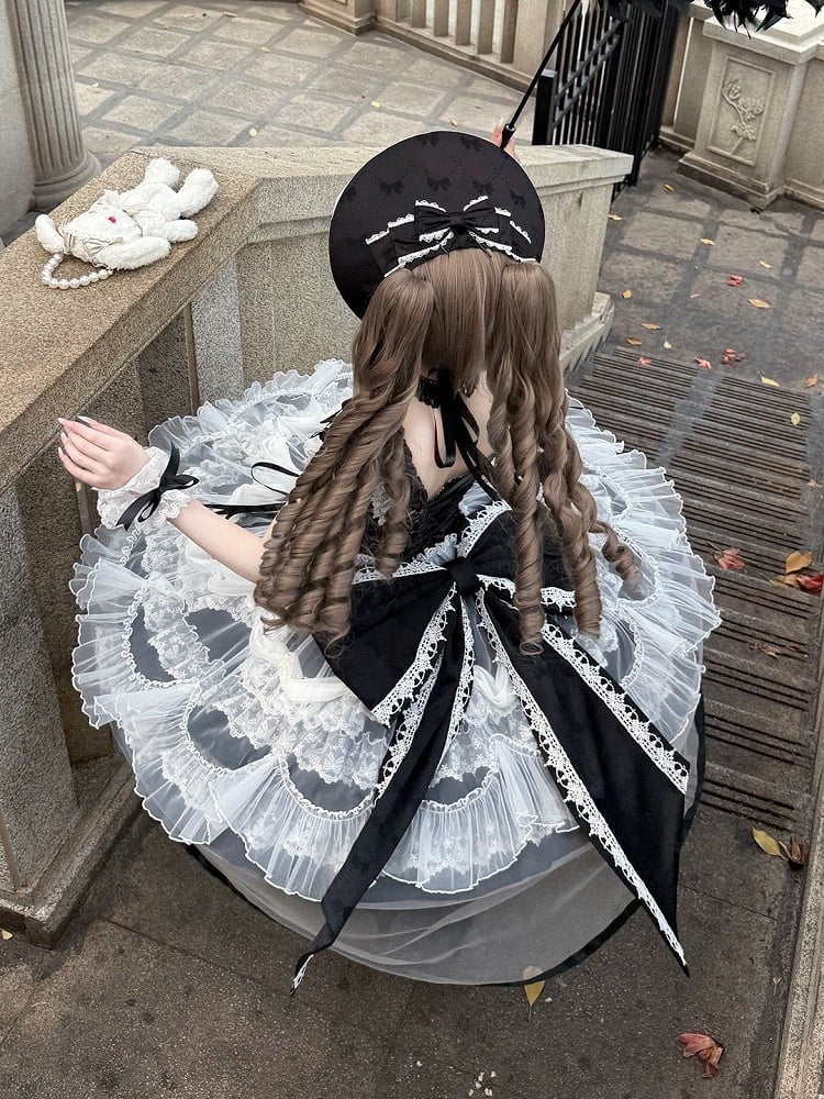 Decorated Lolita JSK with Bow Train and Overlay - Ling Yue You Xin