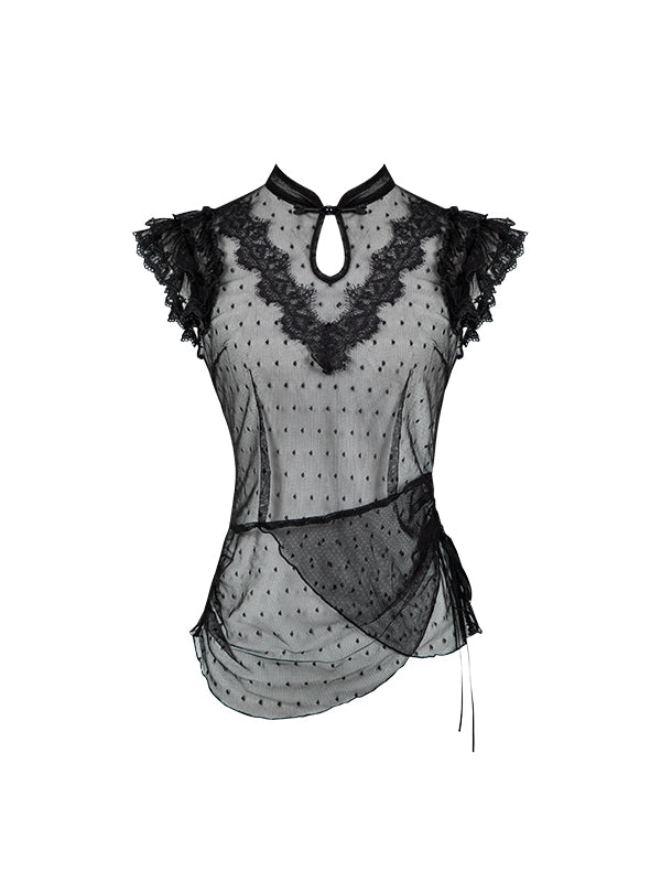 袖チュールブラックトップドットフラッターカラーチーパオシアー