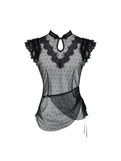 袖チュールブラックトップドットフラッターカラーチーパオシアー